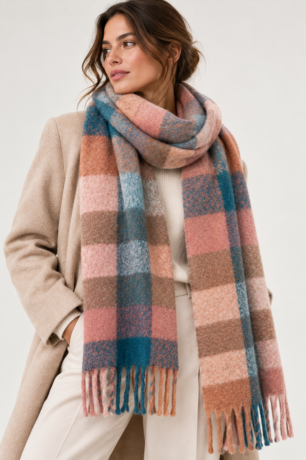 Écharpe à carreaux corail – 100 % viscose