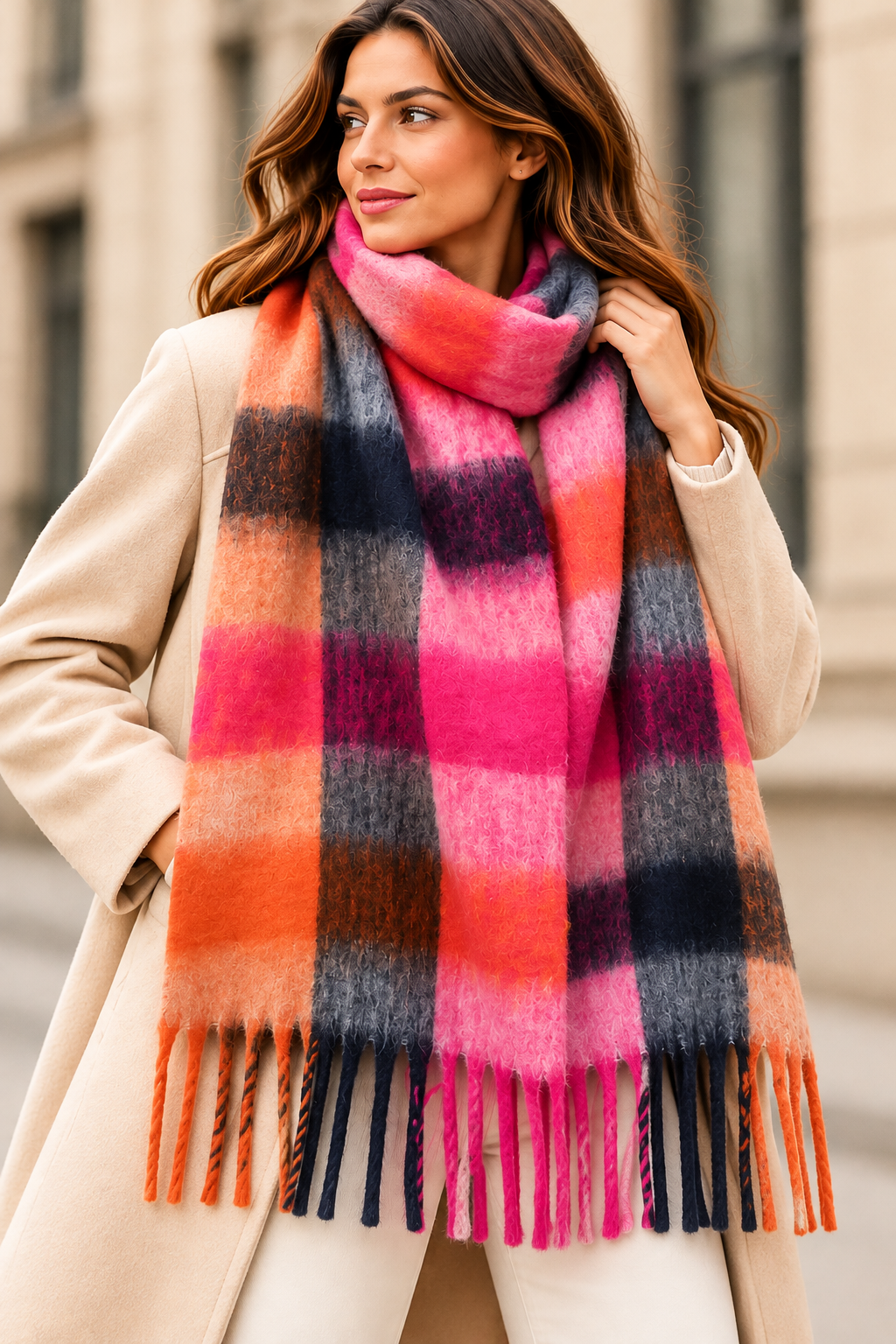 Écharpe à carreaux marine fushia– 100 % viscose