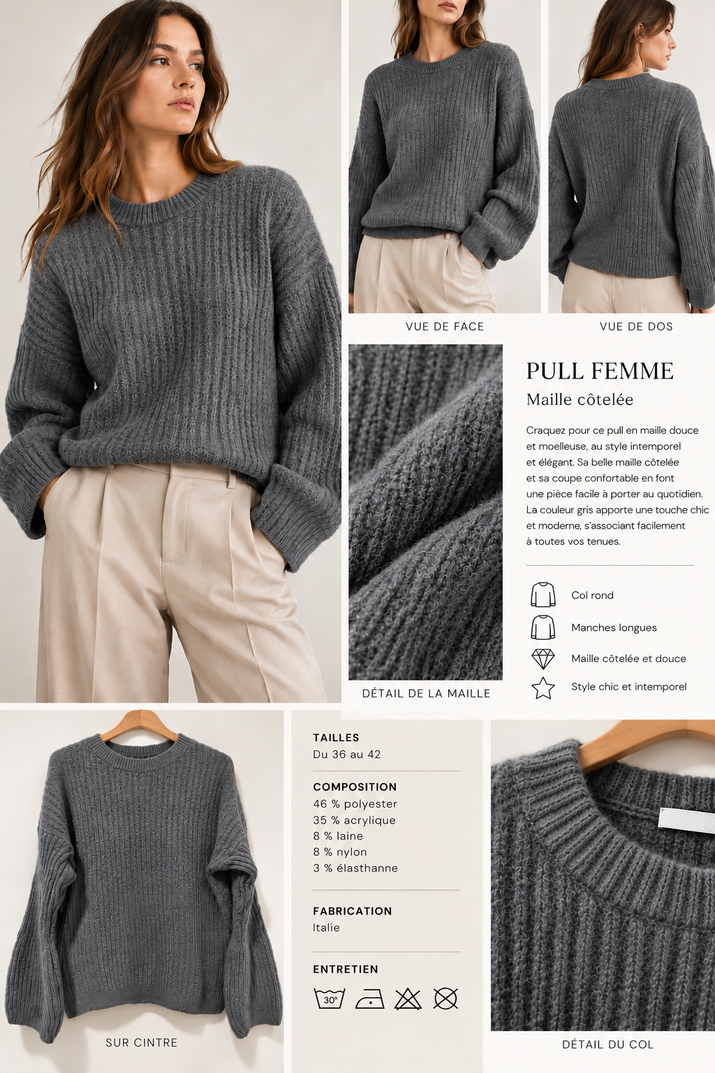 Pull femme en maille côtelée – Style chic italien