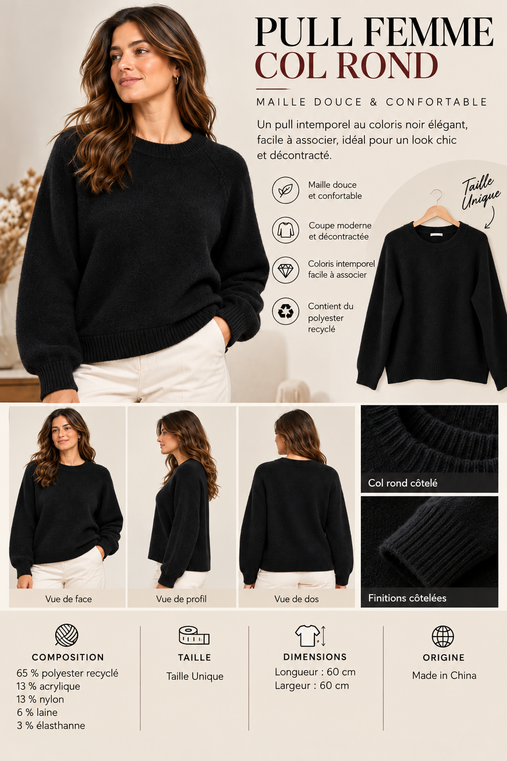 Pull col rond en maille douce Vb8008