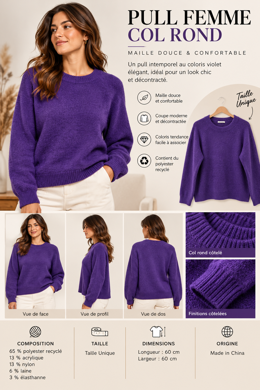 Pull col rond en maille douce Vb8008