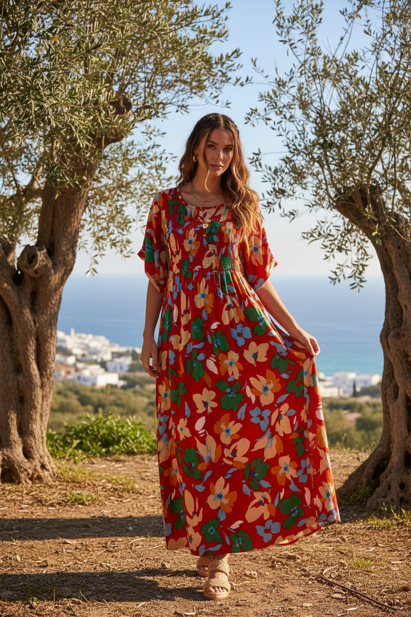 Robe Longue Fleurie en Coton - Bleu Pomelo 2506-01