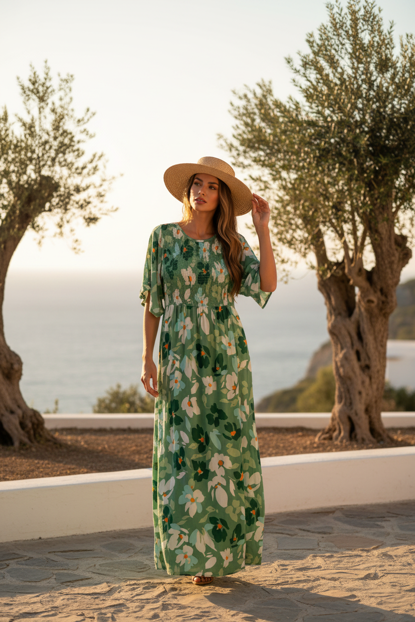 Robe Longue Fleurie en Coton - Bleu Pomelo 2506-01
