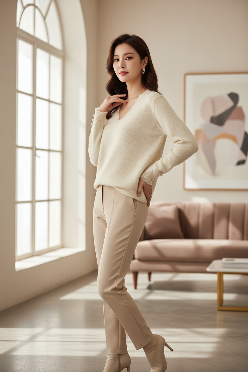 Pull élégant à col en V avec détails boutonnés - VB8005 — visuel 3 — Pomelo