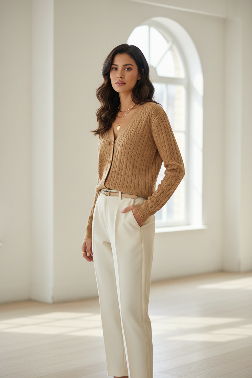 Cardigan en Maille Tressée Élégant - VB8002