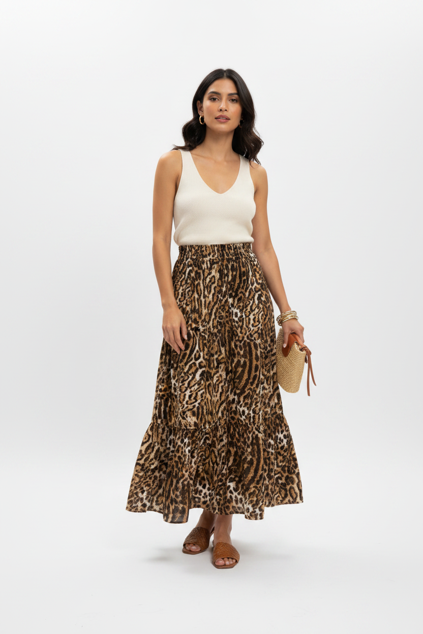 Jupe Longue Léopard en Viscose - 7150