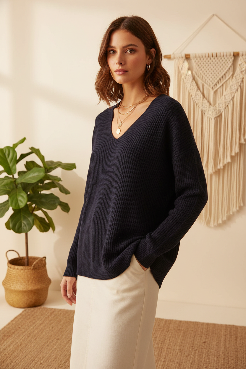 Pull en maille douce à col V - Collection Automne-Hiver - VB8003 — visuel 7 — Pomelo