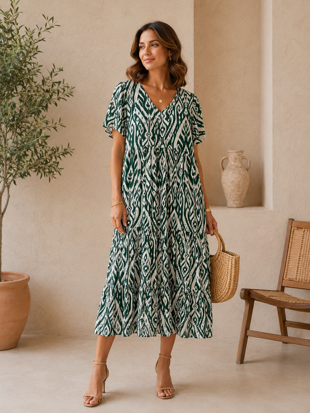 Robe Longue Bohème Chic Imprimée Verte - 2604